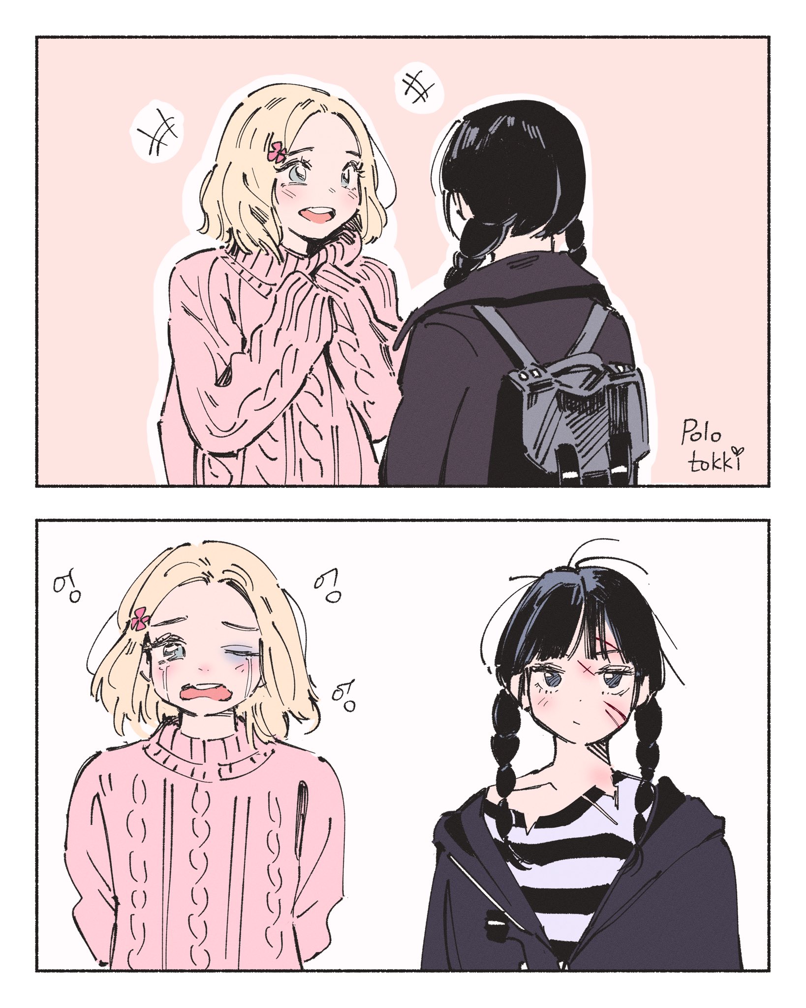 polo tokki, enid sinclair, wednesday addams, addams family, wednesday (netflix), highres, 2girls, arms behind back, artist name, backpack, bag, before and after, black hair, black jacket, blonde hair, blue eyes, blunt bangs, blush, braid, bruise, bruised eye, cable knit, crying, flower, grey bag, grey eyes, hair flower, hair ornament, hair over shoulder, injury, jacket, knit sweater, long hair, looking at another, medium hair, messy hair, multiple girls, one eye closed, open mouth, own hands together, parted bangs, pink background, pink sweater, scar, scar on face, scratches, shirt, sleeves past fingers, sleeves past wrists, smile, striped clothes, striped shirt, sweater, tears, torn clothes, twin braids, upper body, white background