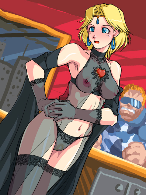 qkat, qkat (arikawa-dou), nanashi no chousenshi 1p, sylphie, capcom, lost worlds (game), lace-trimmed legwear, 1boy, 1girl, :o, alternate costume, armpits, bare shoulders, black gloves, black panties, blonde hair, blue eyes, blush, breasts, building, circlet, cityscape, clenched hands, clenched teeth, cloud, collarbone, covered erect nipples, dutch angle, earrings, elbow gloves, embarrassed, gem, gloves, groin, halterneck, hand on own hip, heart, hoop earrings, indoors, jewelry, lace, lace-trimmed gloves, lace-trimmed panties, lace trim, lingerie, looking down, navel, night, night sky, nipples, open clothes, open mouth, own hands together, panties, pubic hair, see-through clothes, shawl, short hair, sky, skyscraper, solo focus, standing, string panties, sunglasses, teeth, thighhighs, turtleneck, underbust, underwear, window
