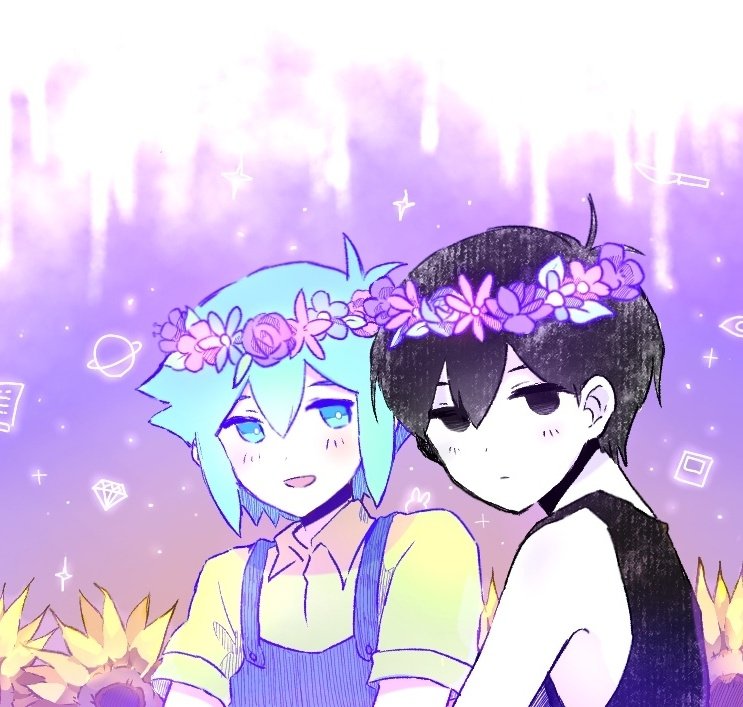 basil (headspace) (omori), basil (omori), omori (omori), omori, commentary, symbol-only commentary, 2boys, :d, antenna hair, bare shoulders, black eyes, black hair, black tank top, blue eyes, blue flower, blue hair, blue overalls, blush, bright pupils, closed mouth, collared shirt, double-parted bangs, empty eyes, expressionless, flower, flower wreath, hair between eyes, head wreath, hyuhak (hh 2564), jitome, leaf, light particles, looking at another, looking at viewer, looking back, male focus, multiple boys, no pupils, open mouth, outdoors, overalls, pink flower, purple flower, purple rose, purple sky, rose, shirt, short hair, short sleeves, simple background, sky, smile, sparkle, sunflower, tank top, upper body, white pupils, yellow shirt