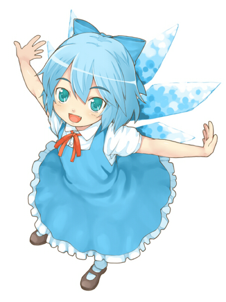 sajipen, cirno, embodiment of scarlet devil, touhou, 1girl, blue eyes, blue hair, dress, fang, female focus, full body, hair ribbon, happy, matching hair/eyes, outstretched arms, ribbon, short hair, simple background, solo, spread arms, white background, wings