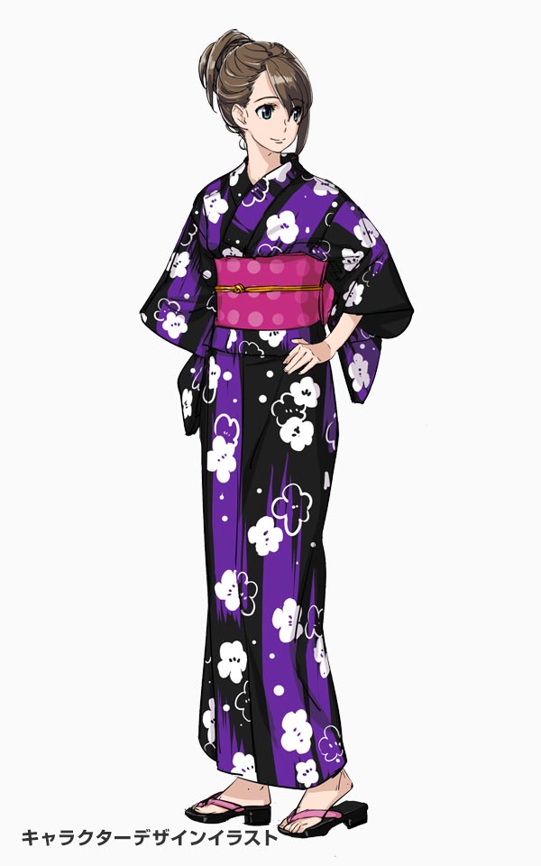 fukuda tomonori, tennouji nae, tennouji nae (robotics;notes), robotics;notes, robotics;notes dash, science adventure, game cg, non-web source, official art, 1girl, brown hair, floral print, full body, hair between eyes, hair up, hand on own hip, japanese clothes, kimono, long hair, long sleeves, obi, print kimono, sandals, sash, simple background, single sidelock, smile, solo, standing, yukata