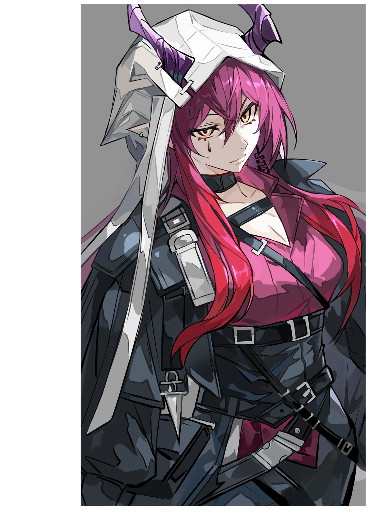 cen (acheng02806053), ascalon (arknights), arknights, highres, 1girl, black choker, black jacket, border, breasts, choker, cleavage, closed mouth, expressionless, gradient hair, grey background, hair between eyes, horns, horns through hood, jacket, long hair, looking at viewer, medium breasts, multicolored hair, pink hair, pink shirt, purple horns, red hair, shirt, simple background, solo, strap, teardrop facial mark, two-tone hair, white border, yellow eyes