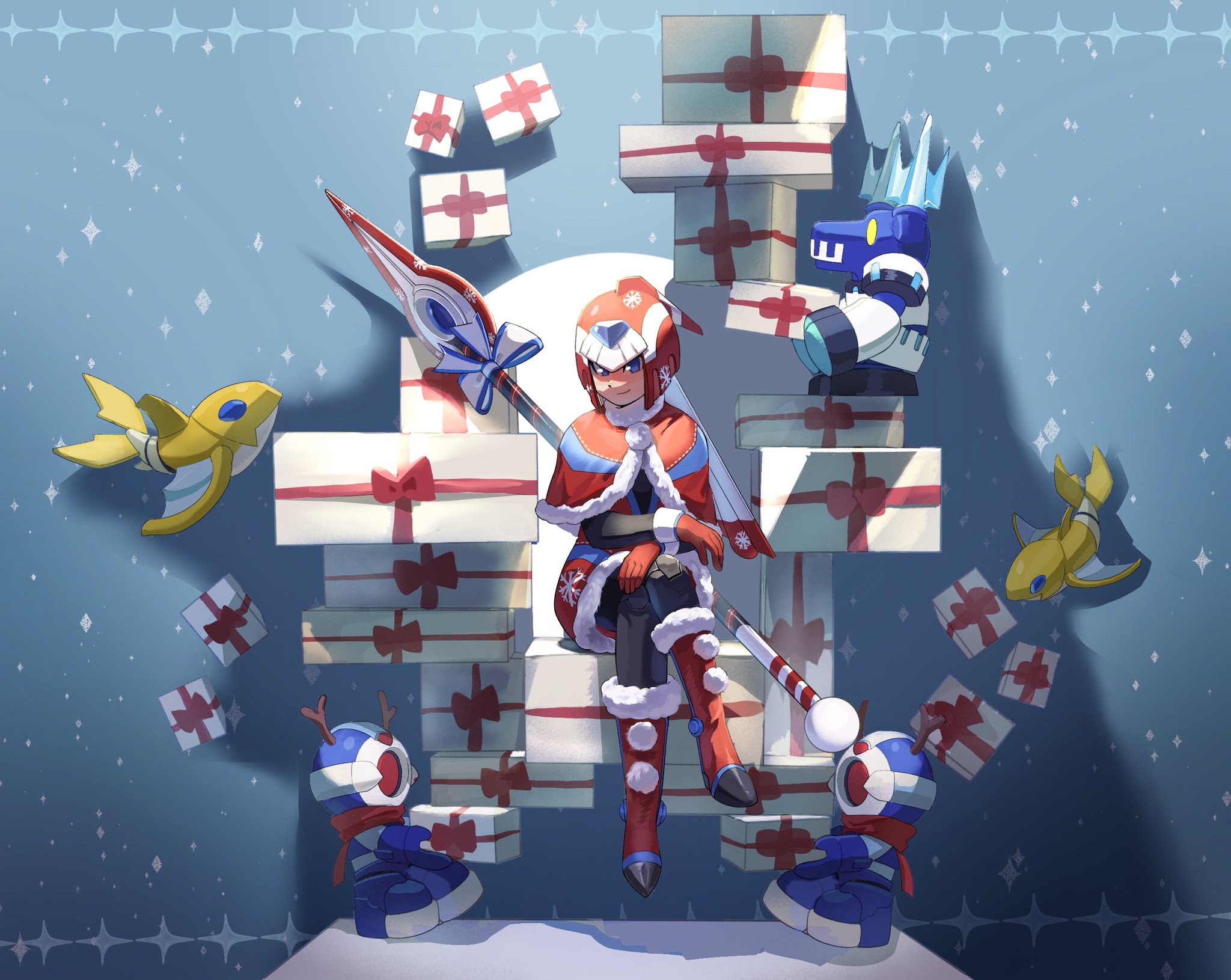 mr cairox, fairy leviathan (mega man), pantheon (mega man), mega man (series), mega man x (series), mega man x dive, mega man zero (series), highres, 1girl, blue background, blue eyes, box, crossed legs, forehead jewel, gift, gift box, helmet, holding, holding polearm, holding weapon, official alternate costume, polearm, red helmet, sitting, solo focus, spear, weapon