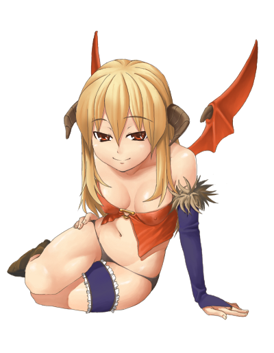 sajipen, succubus (ragnarok online), ragnarok online, 1girl, blonde hair, breasts, demon girl, elbow gloves, gloves, horns, long hair, nipples, red eyes, sitting, small breasts, smile, wings