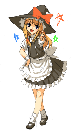 sajipen, kirisame marisa, touhou, 1girl, black shoes, blonde hair, female focus, hat, long hair, pointing, shoes, solo, witch, witch hat