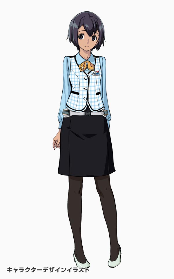 fukuda tomonori, daitoku junna, robotics;notes, robotics;notes dash, science adventure, game cg, non-web source, official art, 1girl, black hair, black pantyhose, black skirt, blue shirt, bob cut, breast pocket, casual, dark-skinned female, dark skin, dress shirt, full body, grey eyes, high heels, long sleeves, looking to the side, neckerchief, official alternate costume, orange neckerchief, pantyhose, pencil skirt, plaid clothes, plaid vest, pocket, shirt, shoes, short hair, simple background, skirt, smile, solo, standing, vest, white shoes, white vest
