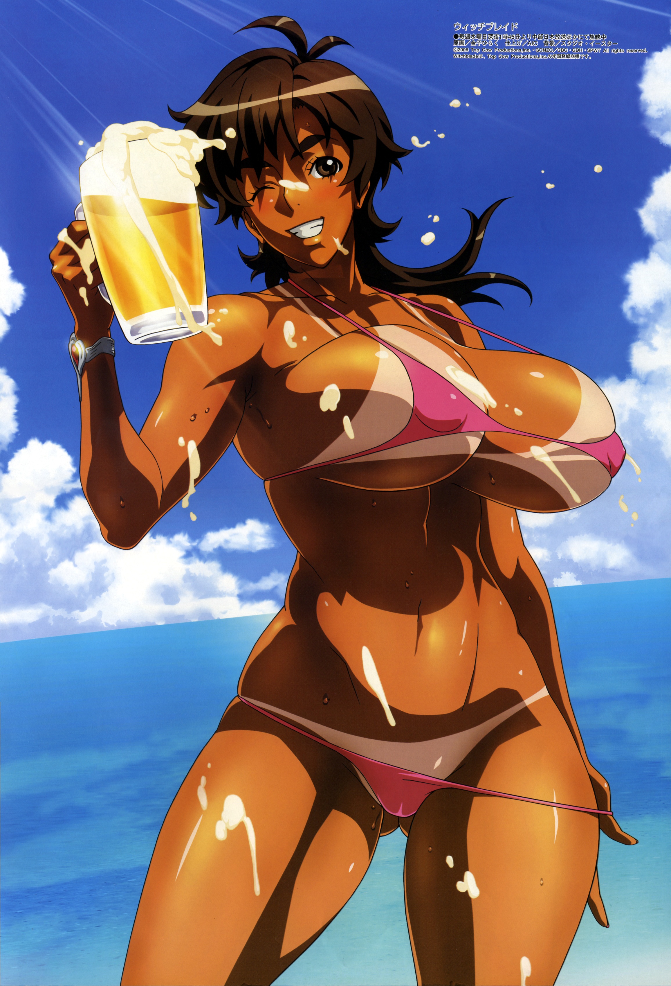 kaneko hiraku, amaha masane, megami magazine, volume76, witchblade, absurdres, highres, scan, beach, beer, bikini, breasts, brown hair, cameltoe, cleavage, curvy, dark skin, drunk, froth, huge breasts, ocean, swimsuit, tan, tanline, wink
