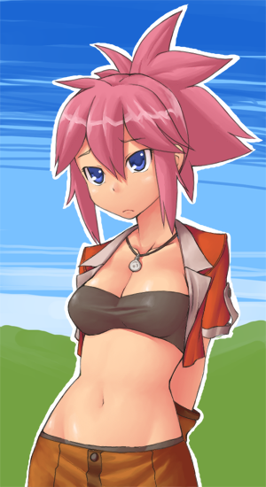 sajipen, 1girl, bandeau, blue eyes, female focus, jewelry, midriff, necklace, pink hair, solo, strapless, tube top