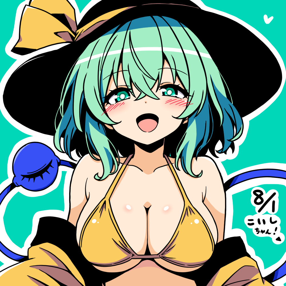 komeiji koishi, touhou, commentary, 1girl, anime coloring, bikini, blush, breasts, bright pupils, chirisazame1, cleavage, collarbone, dated, green background, green eyes, green hair, large breasts, open mouth, simple background, solo, swimsuit, upper body, white pupils, yellow bikini