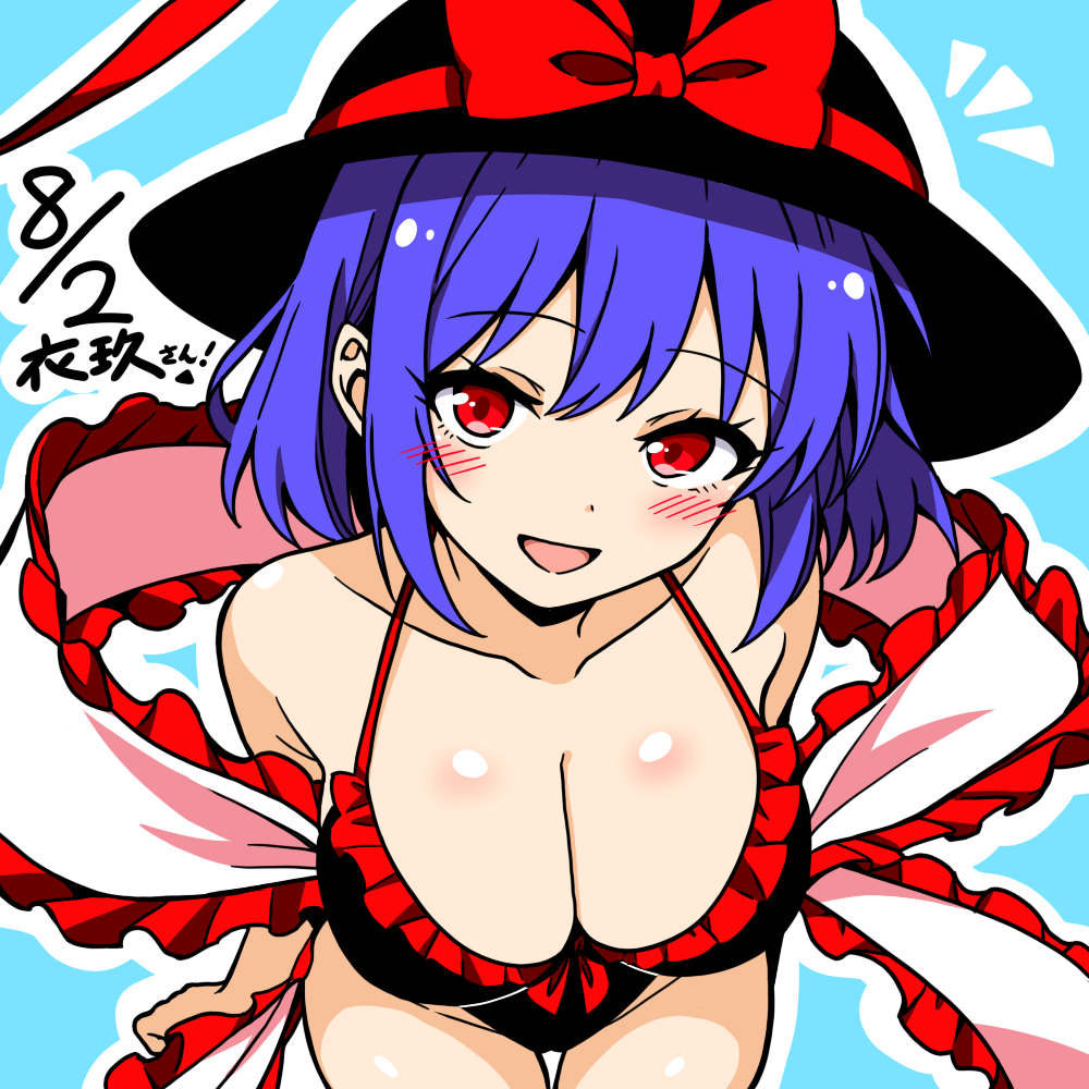 nagae iku, touhou, commentary, 1girl, :d, anime coloring, bent over, black hat, black one-piece swimsuit, blue background, blush, bow, breasts, chirisazame1, cleavage, dated, frilled shawl, frills, groin, hat, hat bow, large breasts, looking at viewer, one-piece swimsuit, open mouth, outline, purple hair, red bow, red eyes, shawl, short hair, simple background, smile, solo, swimsuit, white outline