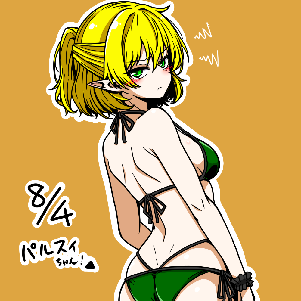 mizuhashi parsee, touhou, commentary, 1girl, anime coloring, back, bikini, blonde hair, blush, breasts, chirisazame1, closed mouth, dated, green bikini, green eyes, hair intakes, half updo, looking at viewer, looking back, medium breasts, orange background, pointy ears, short hair, simple background, solo, squiggle, swimsuit, wrist cuffs