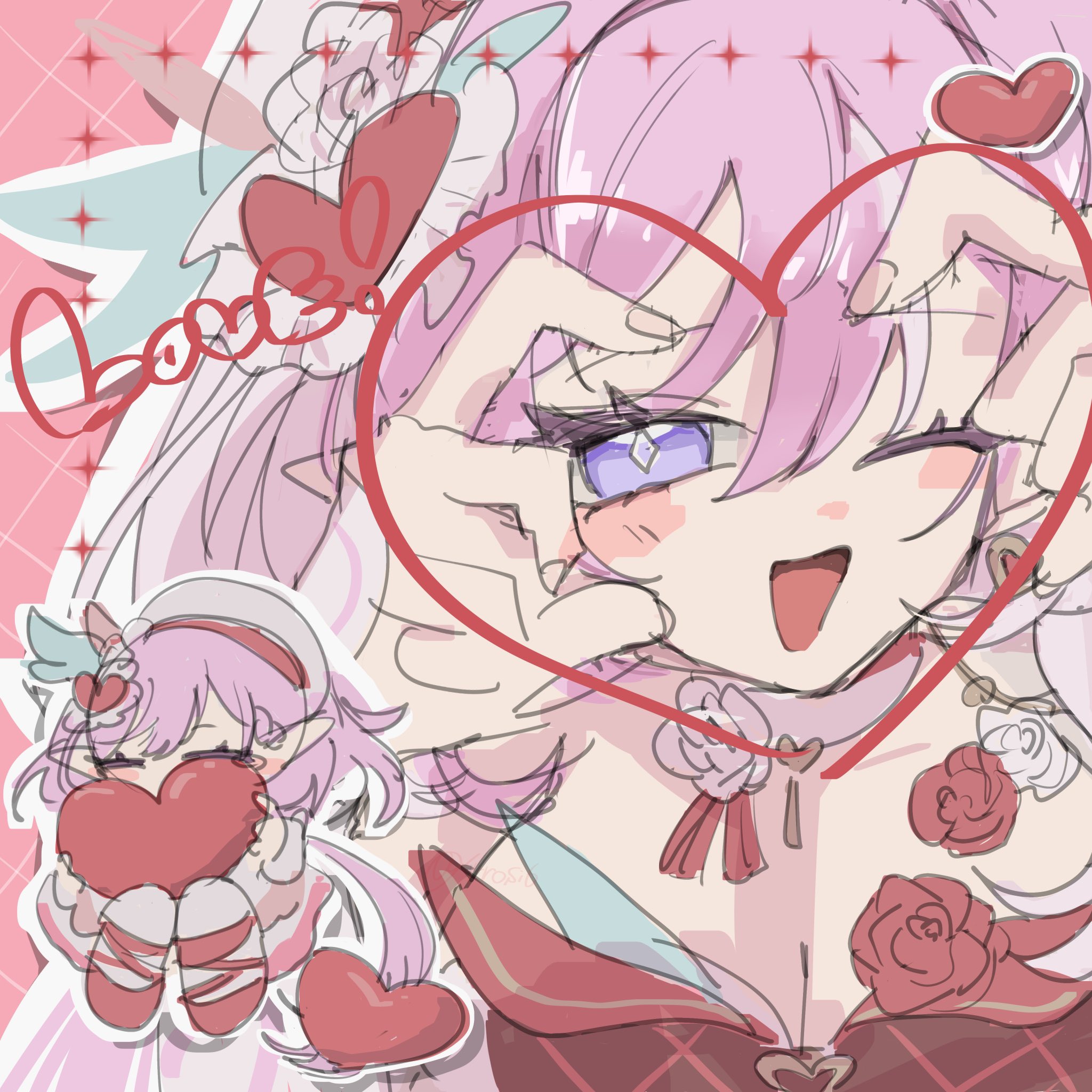 elysia (hi love elf) (honkai impact), elysia (honkai impact), honkai (series), honkai impact 3rd, commentary, highres, symbol-only commentary, 1girl, 4rosi6, ;o, beret, breasts, chibi, cleavage, diamond-shaped pupils, diamond (shape), dress, elf, english text, hat, heart, heart hands, holding, holding heart, large breasts, long hair, one eye closed, pink background, pink hair, pointy ears, purple eyes, red dress, red shoes, shoes, symbol-shaped pupils, upper body, very long hair
