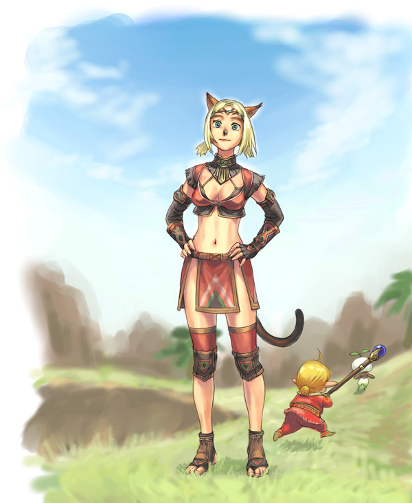 yuccoshi, mandragora (final fantasy), mithra (ff11), final fantasy, final fantasy xi, 00s, 1boy, 1girl, animal ears, looking at viewer, mandragora, midriff, outdoors, short hair, smile, tail, tarutaru