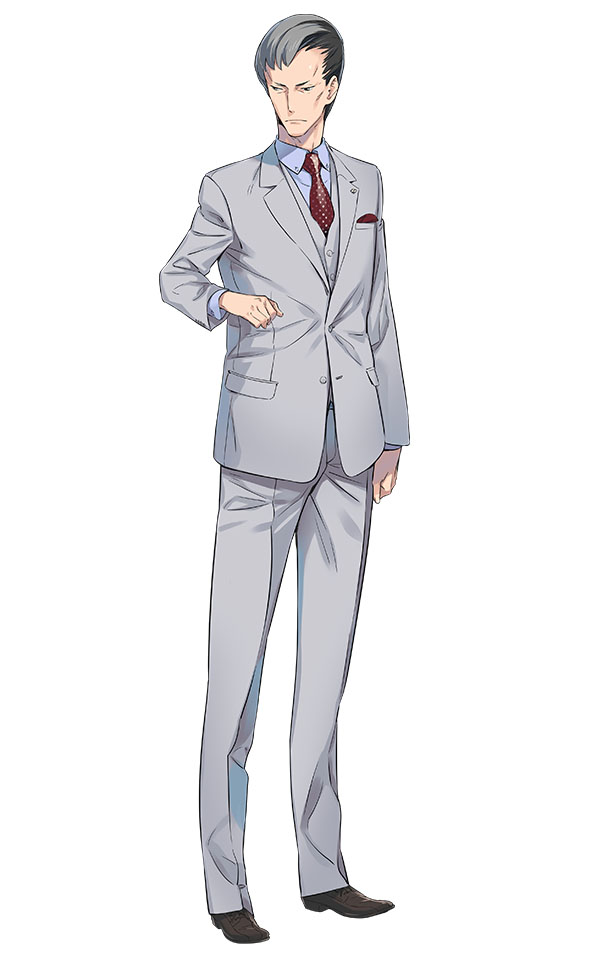 fukuda tomonori, robotics;notes, science adventure, game cg, official art, 1boy, black hair, blue shirt, breast pocket, brown shoes, brown vest, business suit, buttons, collared shirt, formal clothes, full body, lapels, long sleeves, multicolored hair, necktie, notched lapels, orange eyes, pants, pocket, polka dot necktie, red necktie, sawada toshiyuki, serious, shirt, shoes, solo, suit, tsurime, vest, white hair
