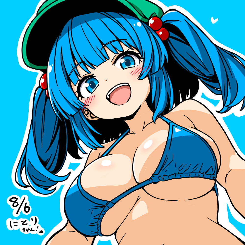 kawashiro nitori, touhou, commentary, 1girl, anime coloring, bikini, blue background, blue bikini, blue eyes, blue hair, blush, breasts, chirisazame1, collarbone, dated, green hat, hair bobbles, hair ornament, hat, heart, large breasts, looking at viewer, open mouth, outline, short hair, simple background, solo, swimsuit, teeth, two side up, upper body, upper teeth only, white outline