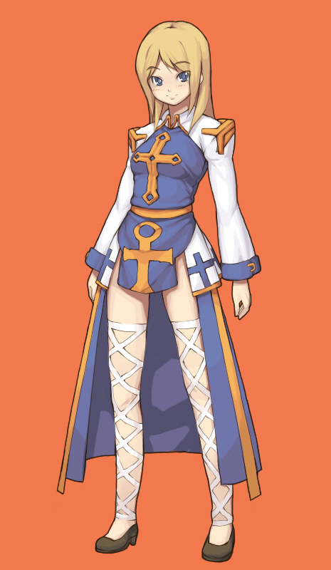 sajipen, arch bishop (ragnarok online), ragnarok online, arms at sides, black shoes, blonde hair, blue eyes, fishnet thighhighs, fishnets, high heels, long hair, parted bangs, shoes, thighhighs, white thighhighs