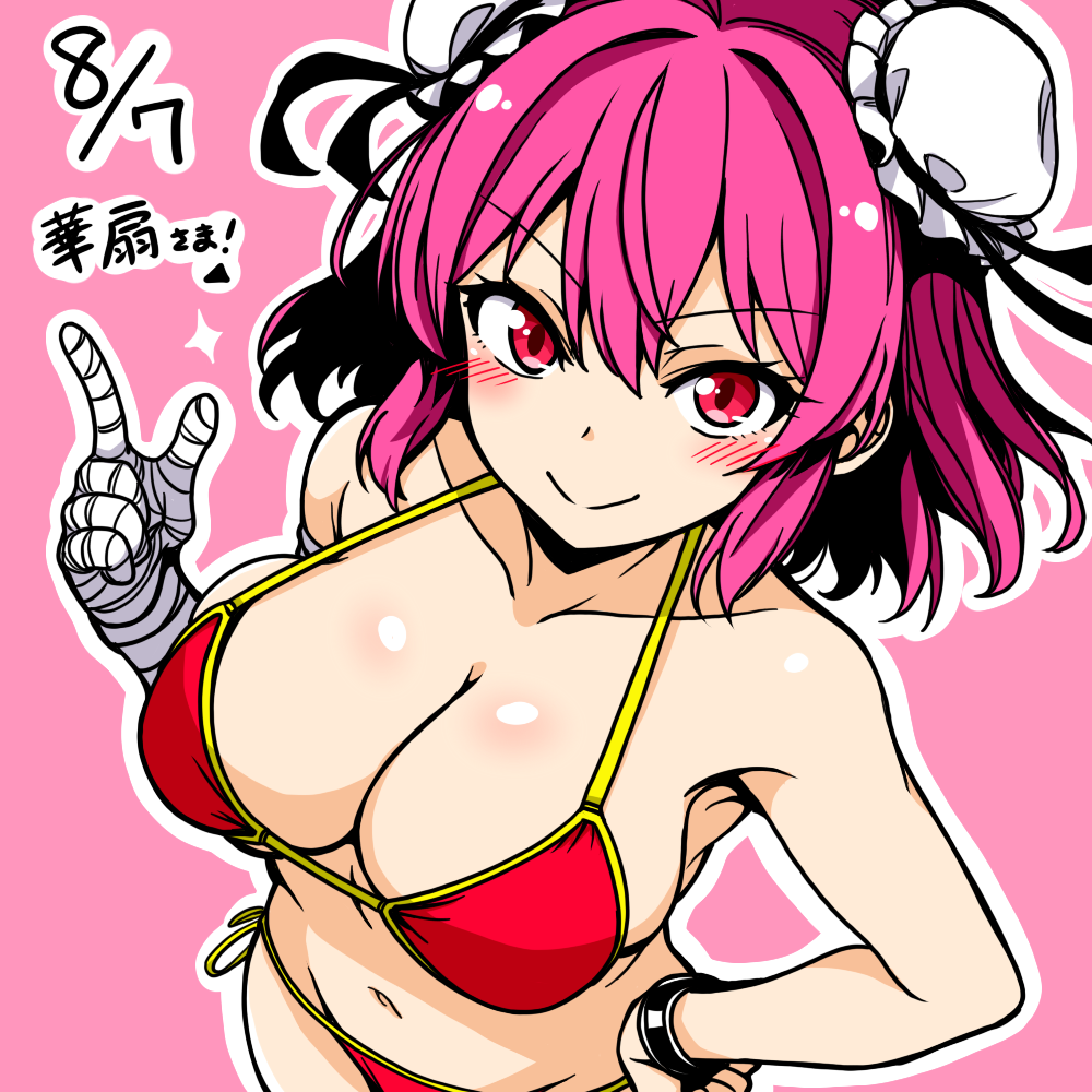 ibaraki kasen, touhou, commentary, 1girl, anime coloring, bandaged arm, bandages, blush, breasts, bun cover, chirisazame1, cleavage, closed mouth, cuffs, dated, double bun, groin, hair bun, large breasts, navel, outline, pink background, pink hair, red eyes, shackles, short hair, simple background, smile, solo, white outline