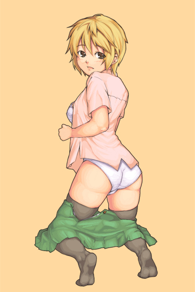 sajipen, ass, back, blonde hair, blush, bra, clothes pull, feet, kneeling, lingerie, looking back, open clothes, open mouth, open shirt, panties, shirt, short hair, skirt, skirt pull, thighhighs, underwear, white panties