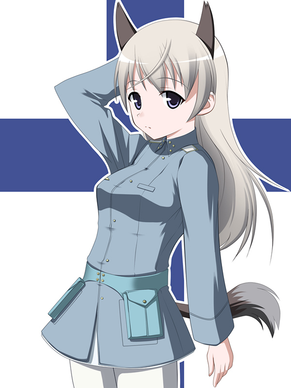 hyokkori tamago, eila ilmatar juutilainen, strike witches, world witches series, uniform, 00s, 1girl, animal ears, blonde hair, cowboy shot, female focus, finnish flag, long hair, pantyhose, purple eyes, solo, stretching, tail, white pantyhose