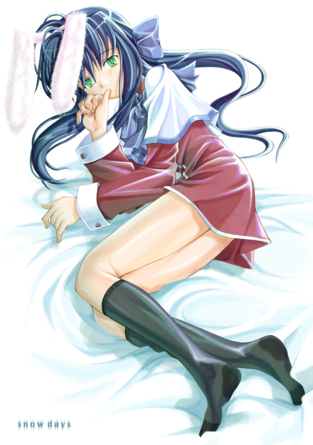 mikazuki akira!, kawasumi mai, kanon, 1girl, animal ears, blue hair, female focus, green eyes, kneehighs, rabbit ears, red skirt, school uniform, serafuku, skirt, socks, solo