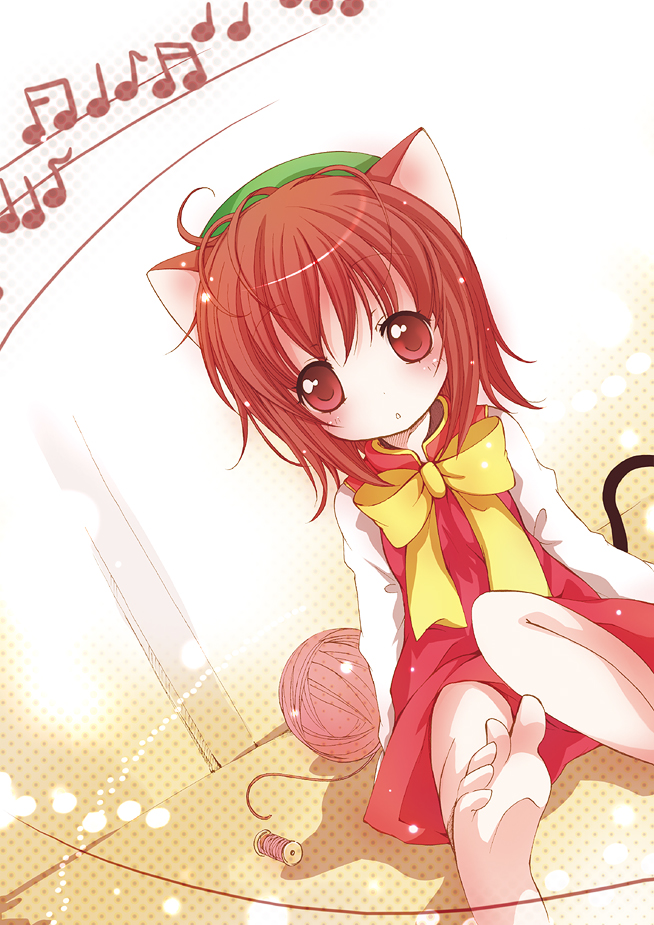 catbell, chen, touhou, 1girl, :o, animal ears, barefoot, cat ears, cat girl, dutch angle, feet, female focus, musical note, sitting, solo, yarn, yarn ball
