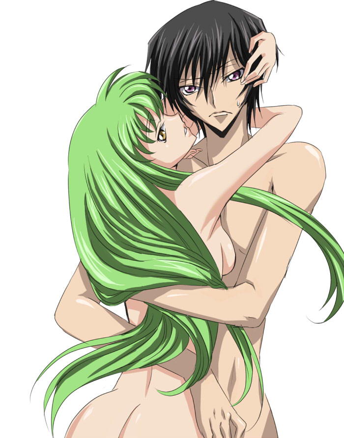 maruki (punchiki), c.c., lelouch vi britannia, code geass, bad id, bad pixiv id, 00s, 1boy, 1girl, ass, black hair, butt crack, completely nude, couple, from behind, frown, green hair, hetero, hug, long hair, looking back, nude, purple eyes, short hair, sweat, very long hair, yellow eyes