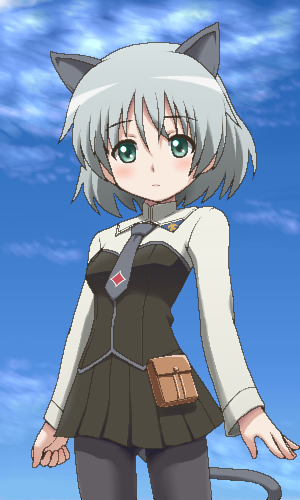 awa, sanya v. litvyak, strike witches, world witches series, silver hair, lowres, 00s, 1girl, animal ears, black pantyhose, female focus, green eyes, jaggy lines, oekaki, pantyhose, short hair, solo, tail