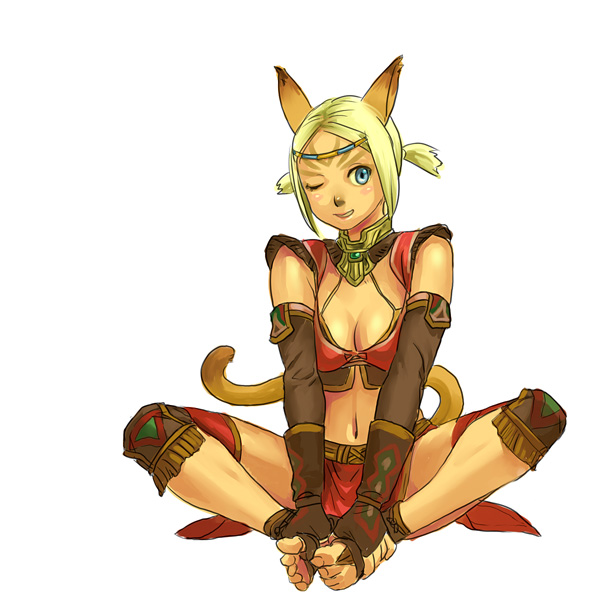 yuccoshi, mithra (ff11), final fantasy, final fantasy xi, 00s, 1girl, animal ears, barefoot, blonde hair, blue eyes, breasts, butterfly sitting, circlet, elbow gloves, feet, female focus, full body, gloves, hands on feet, one eye closed, ponytail, short hair, simple background, sitting, smile, solo, tail, wink