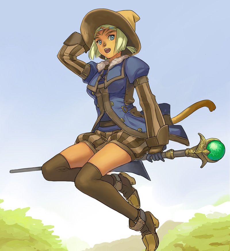 yuccoshi, black mage (final fantasy), mithra (ff11), final fantasy, final fantasy xi, 00s, 1girl, broom, broom riding, female focus, flying, hat, nature, outdoors, sidesaddle, sky, solo, staff, tail, thighhighs, witch hat