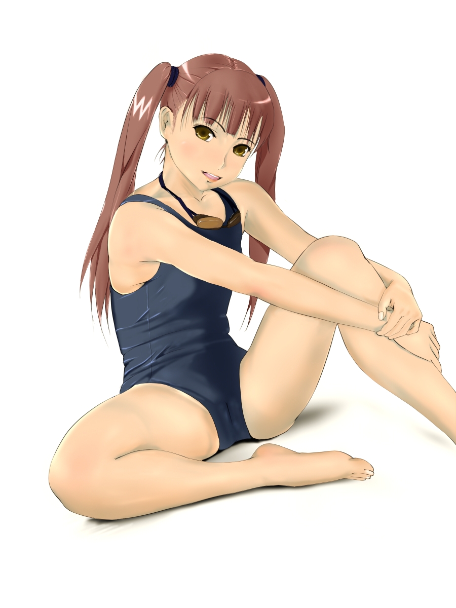 hawoku ishibare, bad id, bad pixiv id, highres, barefoot, brown hair, cameltoe, feet, flat chest, goggles, long hair, one-piece swimsuit, school swimsuit, smile, solo, swimsuit, twintails, yellow eyes
