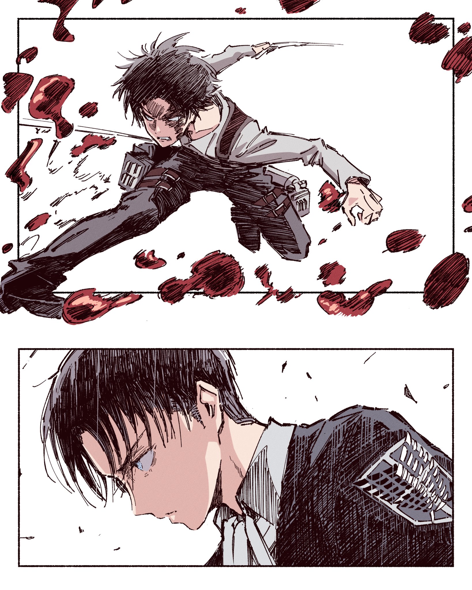 polo tokki, eren yeager, levi (shingeki no kyojin), shingeki no kyojin, highres, 2boys, ascot, battle, black hair, black shoes, blood, blood drop, clenched teeth, collarbone, collared shirt, full body, furrowed brow, grey pants, harness, holding, holding weapon, holster, jacket, looking at another, looking at viewer, male focus, military jacket, multiple boys, pants, parted bangs, shirt, shoes, survey corps (emblem), teeth, thigh holster, upper body, weapon, white ascot, white background, white shirt