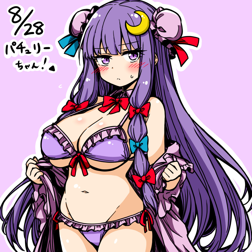 patchouli knowledge, touhou, commentary, 1girl, anime coloring, bikini, blue bow, blunt bangs, blush, bow, bun cover, chirisazame1, closed mouth, cowboy shot, crescent, crescent hair ornament, dated, double bun, frilled bikini, frills, groin, hair bow, hair bun, hair ornament, long hair, looking at viewer, navel, outline, purple background, purple bikini, purple eyes, red bow, sidelocks, simple background, solo, sweatdrop, swimsuit, white outline