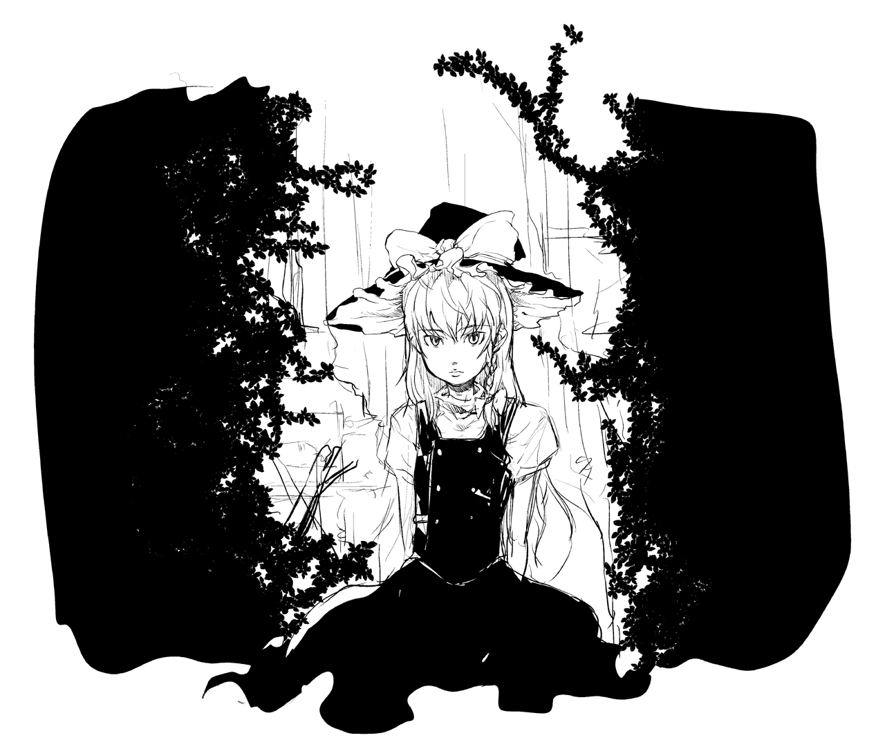 mizu, mizu exp, kirisame marisa, touhou, 1girl, female focus, greyscale, hat, monochrome, solo, witch hat