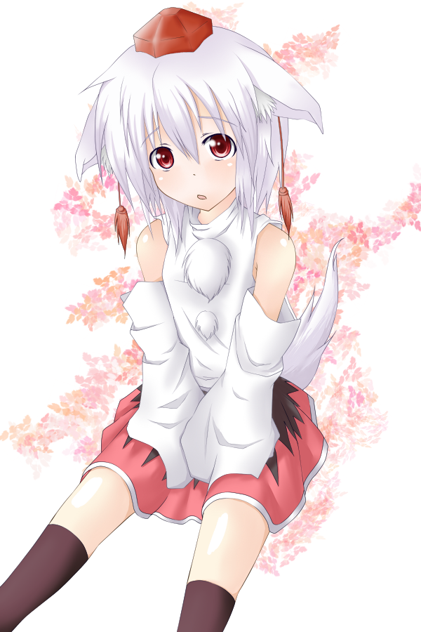 momiz-tama (pixiv), tokijiro, inubashiri momiji, touhou, bad id, bad pixiv id, 1girl, animal ears, female focus, hat, sitting, solo, tail, tokin hat, white background, wolf ears, wolf tail