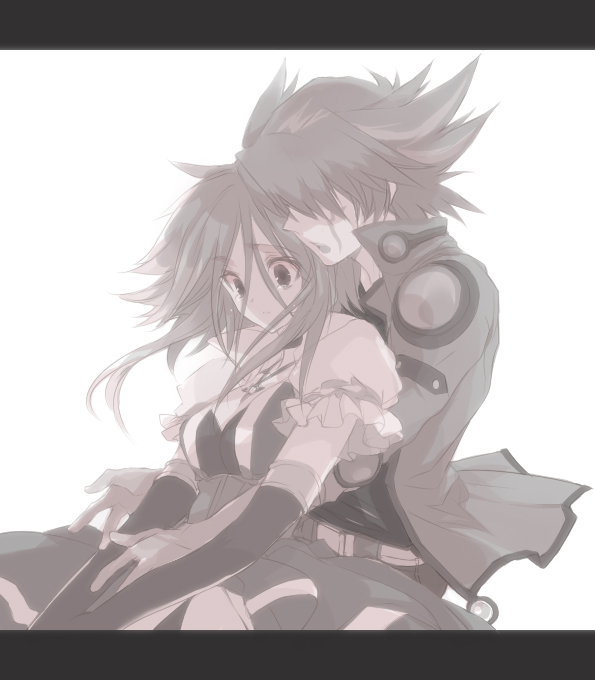 ni (2shi), fudo yusei, izayoi aki, yu-gi-oh!, yu-gi-oh! 5d's, bad id, bad pixiv id, 00s, 1boy, 1girl, hetero, hug, hug from behind, letterboxed, monochrome, multicolored hair, pink theme, streaked hair, tears