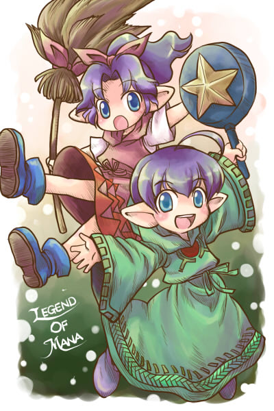 mikagami hiyori, bud (lom), lisa (lom), legend of mana, seiken densetsu, 1boy, 1girl, ahoge, broom, brother and sister, bud, frying pan, purple hair, robe, siblings, twins