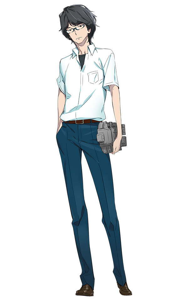 fukuda tomonori, hidaka subaru, robotics;notes, science adventure, game cg, official art, 1boy, belt, black hair, black shirt, blue pants, brown belt, brown shoes, chuo tanegashima high school uniform, collared shirt, expressionless, full body, glasses, hand in pocket, holding, loafers, looking at viewer, pants, school uniform, shirt, shirt under shirt, shoes, short hair, short sleeves, solo, white shirt