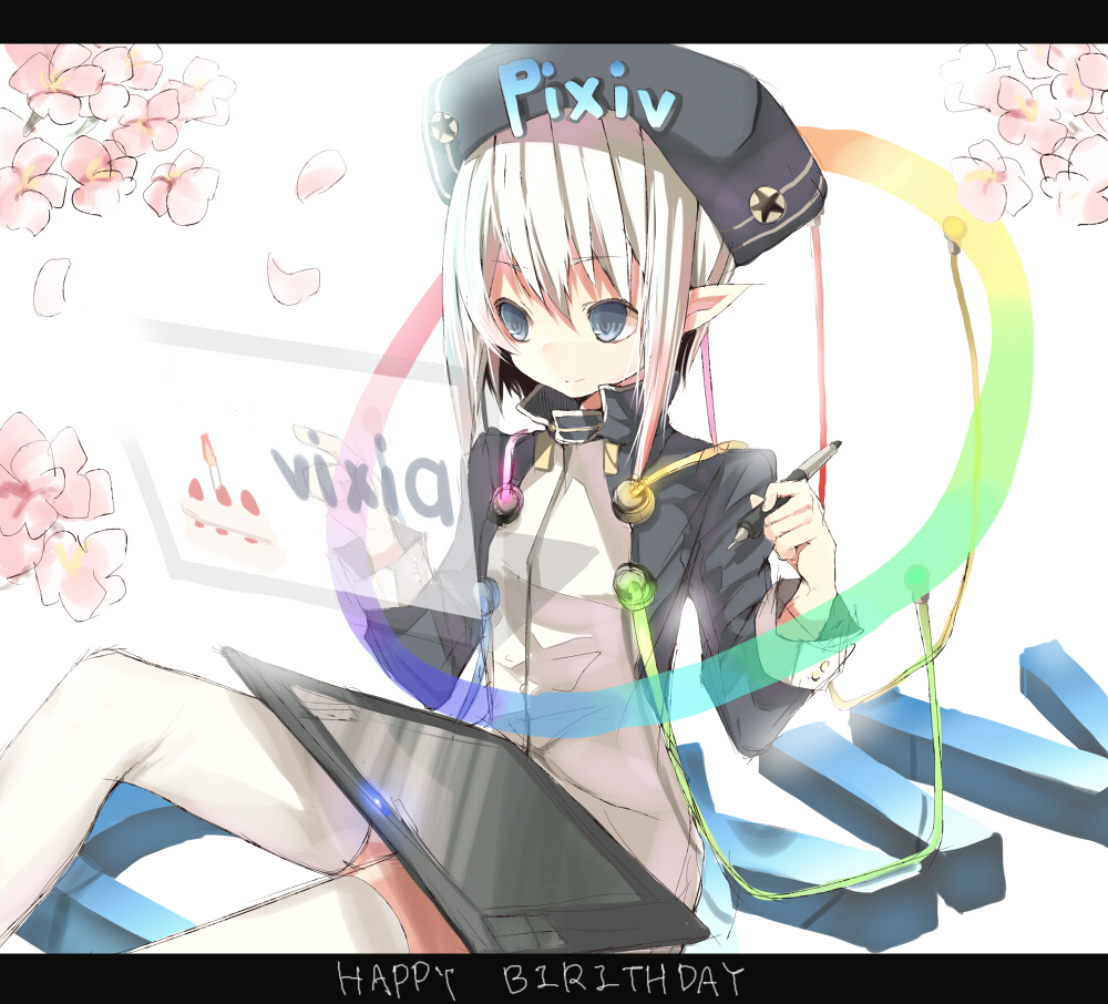 tetsuo (tashirosu), pixiv-tan, pixiv, pixiv fantasia, silver hair, bad id, bad pixiv id, hat, short hair, socks, solo, thighhighs