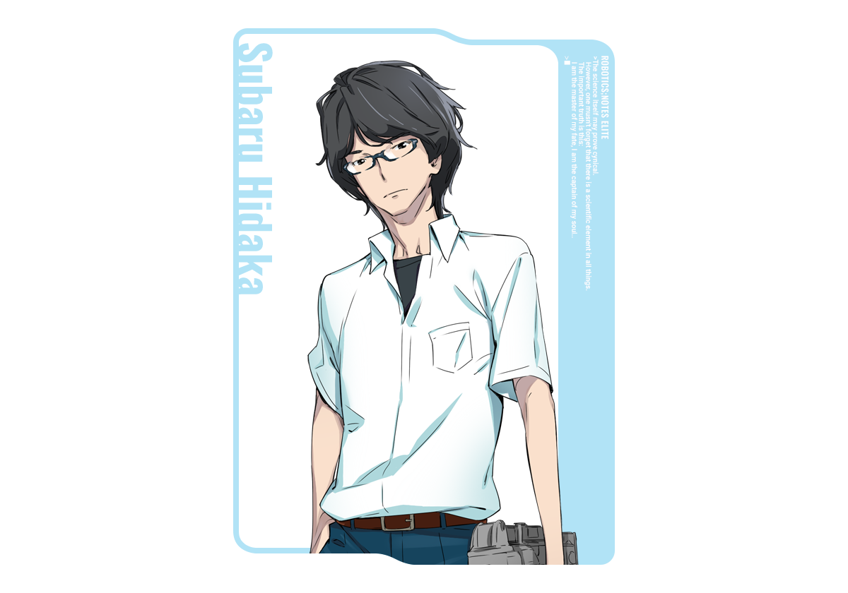 fukuda tomonori, hidaka subaru, robotics;notes, science adventure, game cg, official art, 1boy, belt, black hair, black shirt, blue pants, brown belt, chuo tanegashima high school uniform, collared shirt, expressionless, full body, glasses, hand in pocket, holding, loafers, looking at viewer, pants, school uniform, shirt, shirt under shirt, shoes, short hair, short sleeves, solo, white shirt