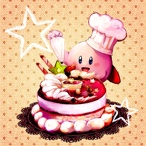 sin (hitonatsu), cook kirby, king dedede, kirby, kirby (series), nintendo, sepia background, lowres, cake, cat, chef hat, cooking, food, food focus, fruit, hat, icing, no humans, pastry, pastry bag, star-shaped food, star (symbol), starfruit, strawberry, when you see it