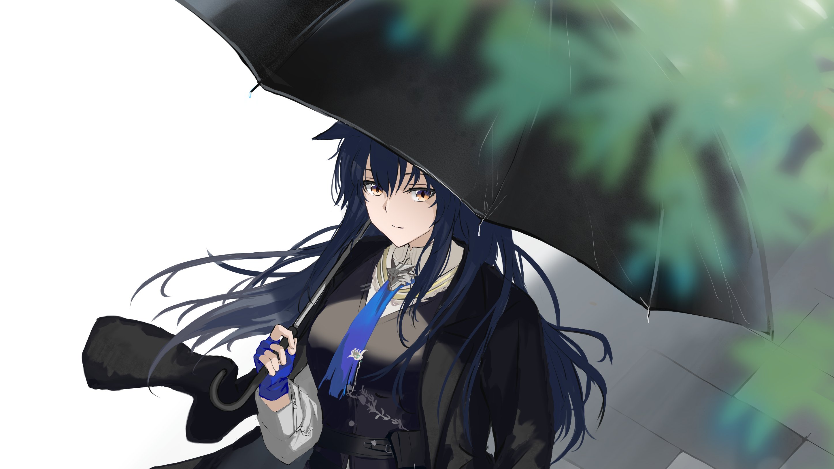 shuuka, texas (arknights), texas the omertosa (arknights), arknights, commentary, highres, 1girl, black hair, black jacket, black vest, blue gloves, blurry, blurry foreground, bolo tie, closed mouth, collared shirt, fingerless gloves, gloves, grey shirt, hair between eyes, holding, holding umbrella, jacket, light smile, long hair, long sleeves, looking at viewer, official alternate costume, outdoors, rain, shirt, solo, umbrella, vest
