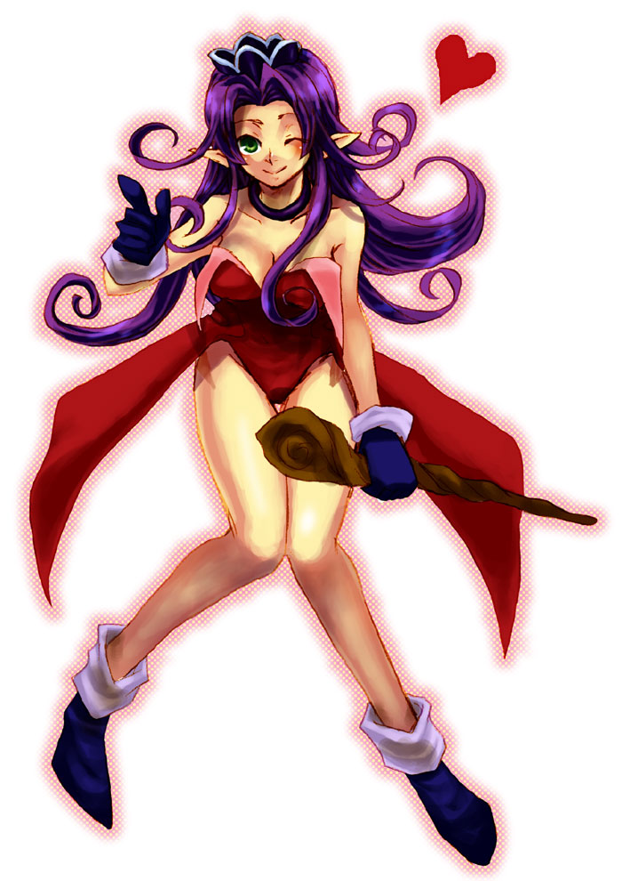 dararira, toral26, angela (seiken densetsu 3), seiken densetsu, seiken densetsu 3, square enix, 1girl, breasts, cleavage, female focus, large breasts, leotard, long hair, purple hair, red leotard, solo, staff