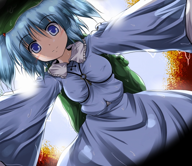 tsuzuri (tuzuri), kawashiro nitori, touhou, 1girl, backpack, bag, blue hair, blush, breasts, covered erect nipples, female focus, hat, key, medium breasts, pov, randoseru, solo, twintails, two side up, wet