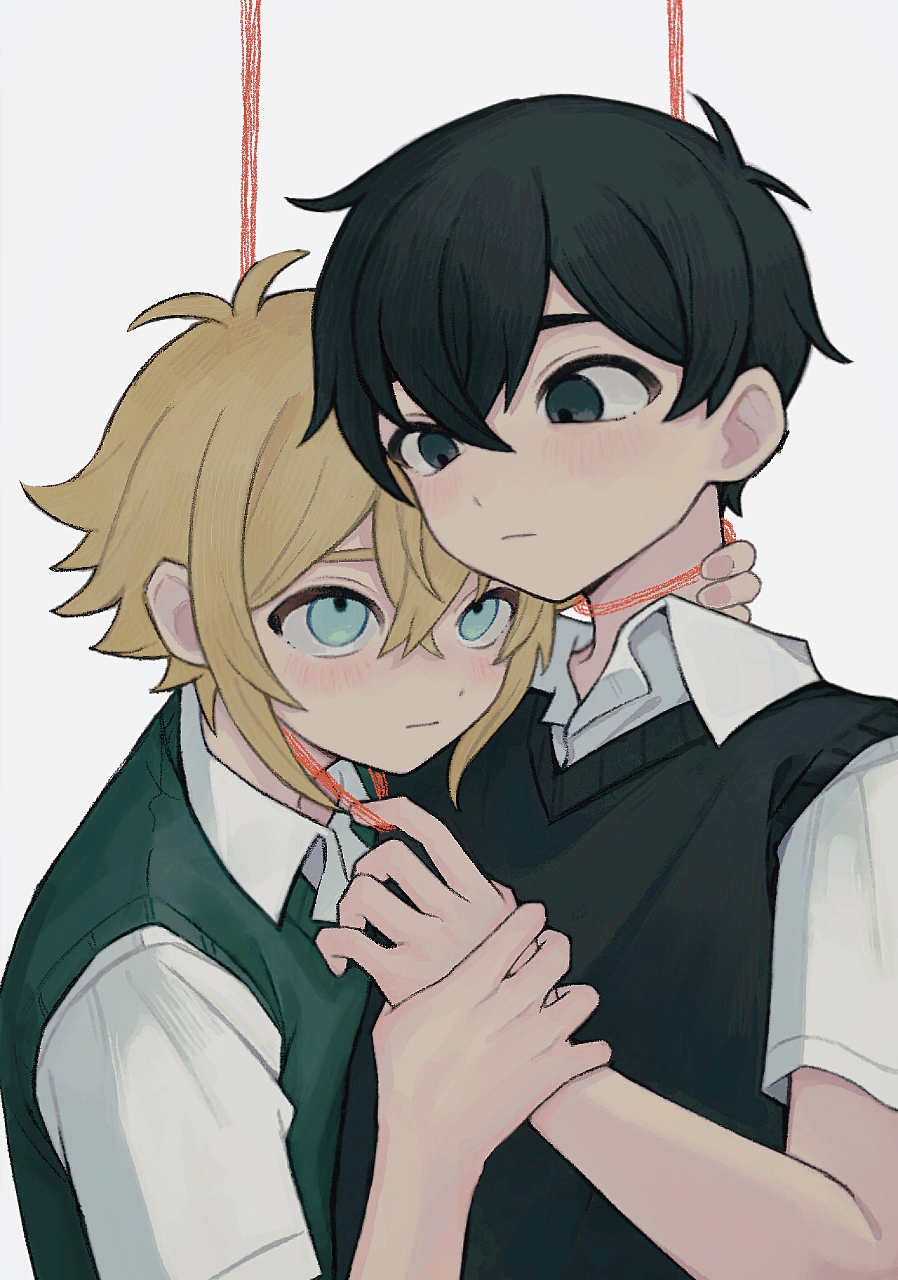 sebon (sebochin), basil (faraway) (omori), basil (omori), sunny (omori), omori, highres, 2boys, antenna hair, aqua eyes, black eyes, black hair, black sweater vest, blonde hair, blush, collared shirt, crossed bangs, double-parted bangs, eye contact, fingernails, flipped hair, green sweater vest, grey background, hair behind ear, hair between eyes, hand on another's hand, hand on another's neck, hand up, hands up, looking at another, looking down, looking up, male focus, multiple boys, noose, shirt, short hair, short sleeves, sidelocks, simple background, sweater vest, upper body, very short hair, white shirt