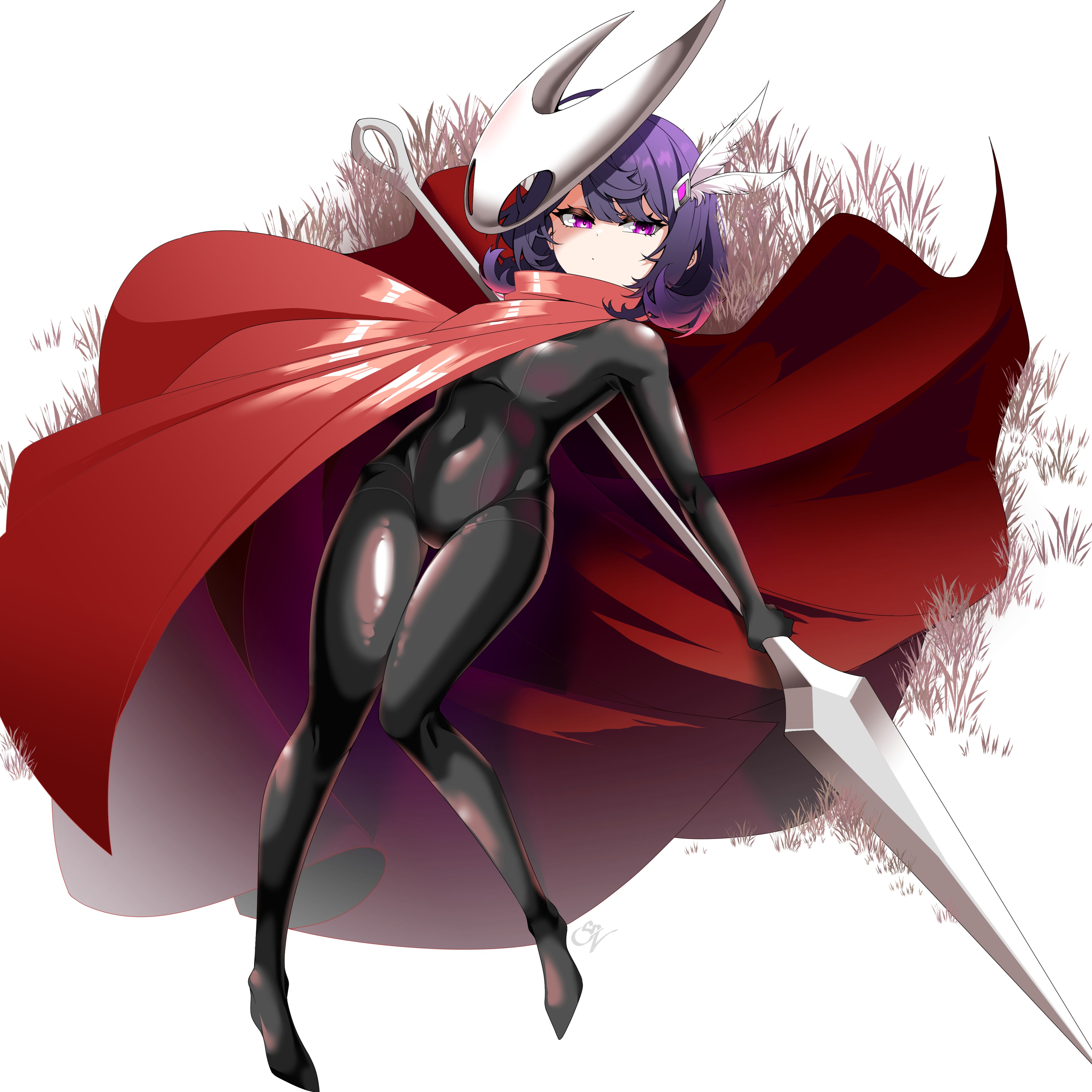 saltnvalk, hornet (hollow knight), hollow knight, hollow knight: silksong, indie virtual youtuber, absurdres, commentary, english commentary, highres, 1girl, adelaide (vtuber), black bodysuit, bodysuit, breasts, cape, closed mouth, cosplay, dot mouth, feather hair ornament, feathers, full body, hair ornament, holding, holding weapon, hornet (hollow knight) (cosplay), looking at viewer, mask, mask on head, medium breasts, needle (hollow knight), purple eyes, purple hair, red cape, short hair, skin tight, solo, swept bangs, virtual youtuber, weapon, white background