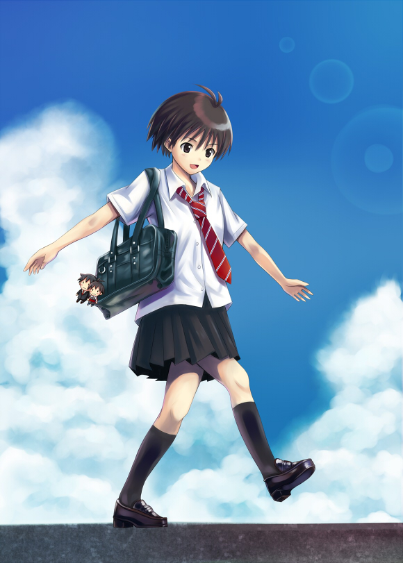 kisugi, kisugi akira, kikuchi makoto, idolmaster, idolmaster (classic), idolmaster 1, 00s, antenna hair, bag, balancing, brown eyes, brown hair, cloud, day, lens flare, necktie, school uniform, serafuku, short hair, skirt, sky, solo