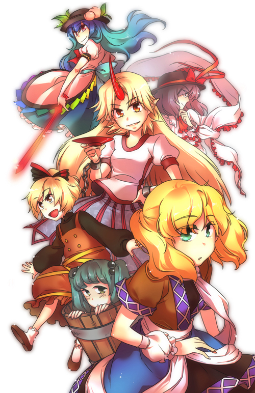 fuyu kitsune, hinanawi tenshi, hoshiguma yuugi, kisume, kurodani yamame, mizuhashi parsee, nagae iku, touhou, bad id, bad pixiv id, 6+girls, bucket, cup, female focus, horns, in bucket, in container, multiple girls, sakazuki, single horn, star (symbol), sword, sword of hisou, weapon
