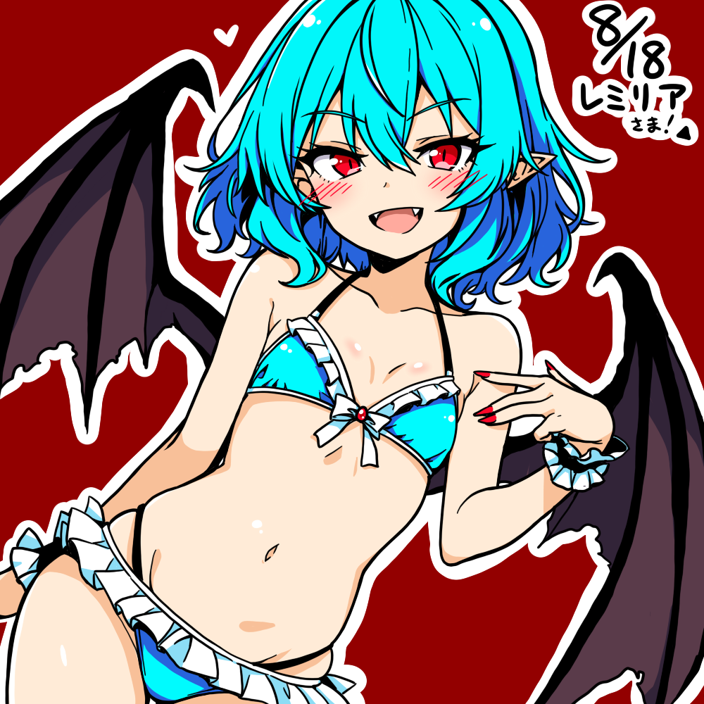 remilia scarlet, touhou, commentary, 1girl, :d, bat wings, bikini, blue bikini, blue hair, blush, chirisazame1, dated, fangs, flat chest, frilled bikini, frills, groin, heart, looking at viewer, navel, open mouth, outline, pointy ears, red background, red eyes, red nails, short hair, simple background, smile, solo, swimsuit, white outline, wings