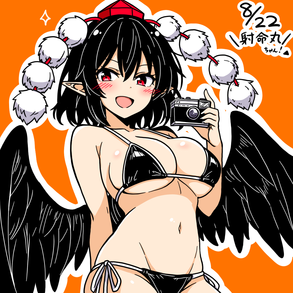 shameimaru aya, touhou, commentary, 1girl, :d, anime coloring, bikini, bird wings, black bikini, black hair, black wings, blush, breasts, can, chirisazame1, cleavage, dated, groin, hat, holding, holding can, large breasts, looking at viewer, navel, open mouth, pointy ears, pom pom (clothes), red hat, short hair, side-tie bikini bottom, simple background, smile, solo, swimsuit, tokin hat, upper body, wings
