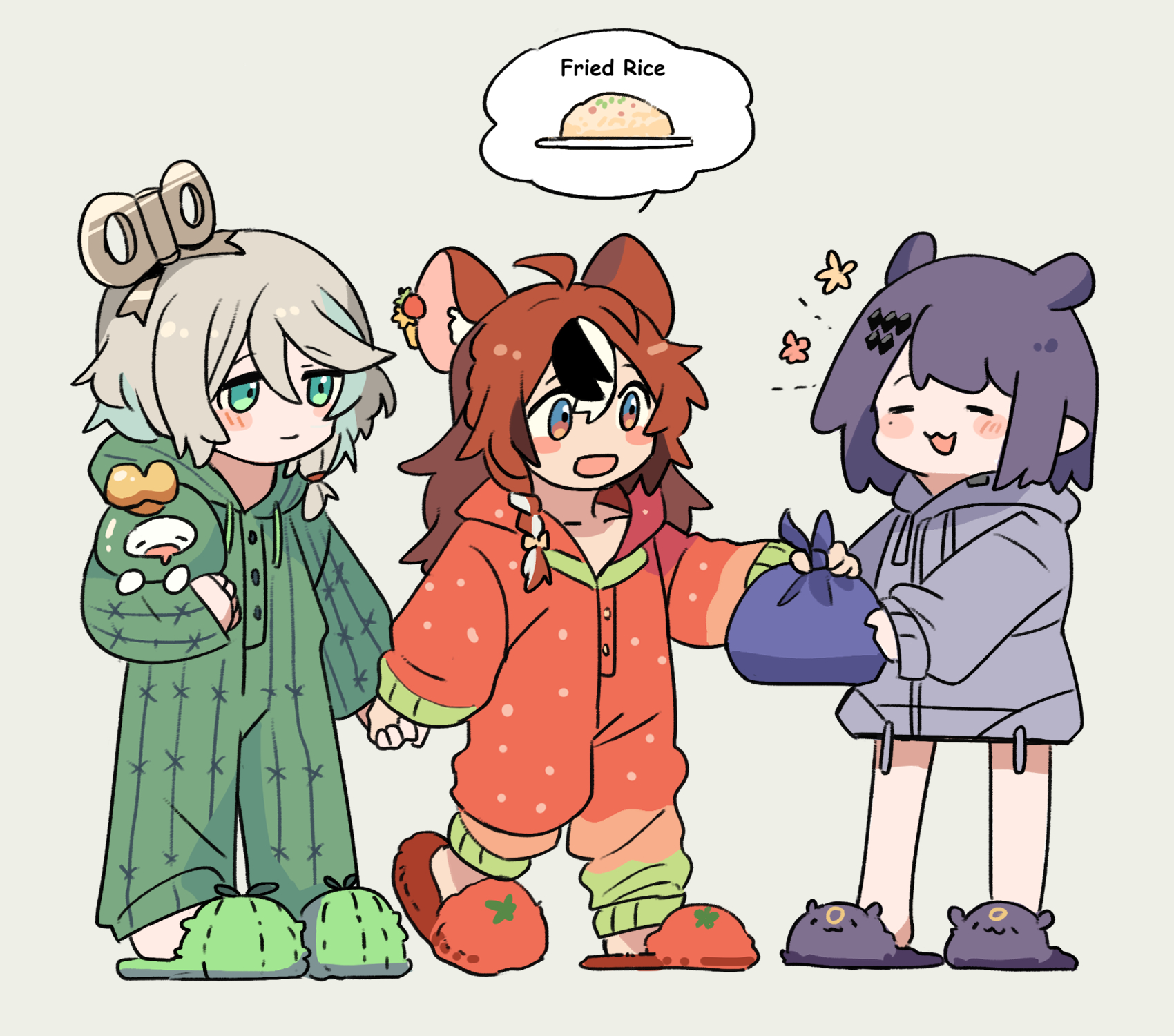 fongban illust, cecilia immergreen, hakos baelz, ninomae ina'nis, takodachi (ninomae ina'nis), holoadvent, holocouncil, holojustice, hololive, hololive english, holopromise, highres, ahoge, animal ears, blunt bangs, green eyes, green hair, green slippers, green streaks, grey hair, hood, hoodie, long hair, mouse ears, mouse girl, multicolored hair, onesie, open mouth, pajamas, pointy ears, purple hair, purple hoodie, red hair, red slippers, short hair, sidelocks, simple background, slippers, smile, streaked hair, tentacle hair, virtual youtuber, white background, winding key